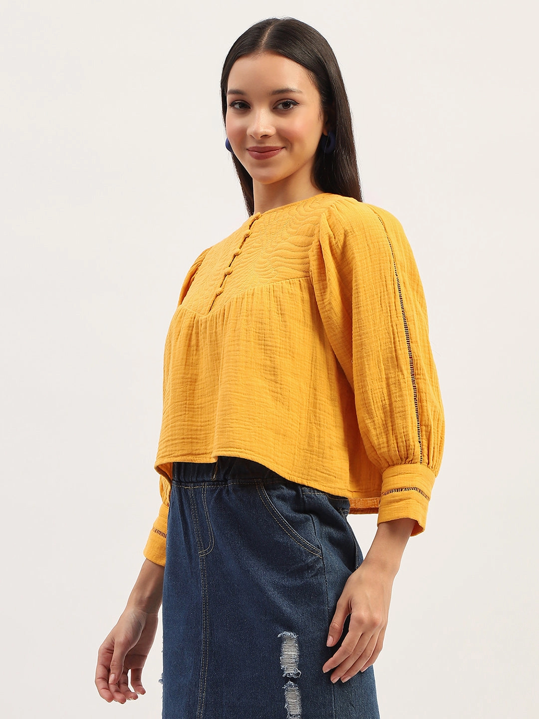 Madame Bishop Sleeve Mustard Yellow Top FlexibleCuff AntiPill Surface