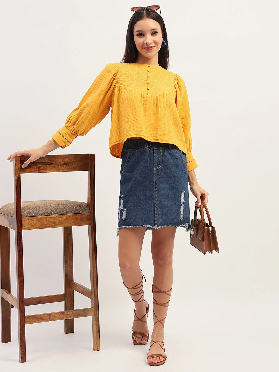 Linen Blend Fabric Madame Bishop Sleeve Mustard Yellow Top