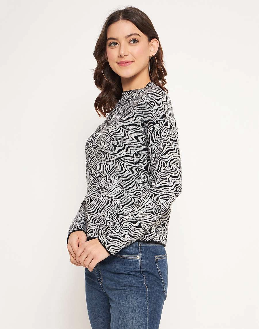 Stylish Everyday Wear Cozy Lining Madame Black Animal Print Sweater