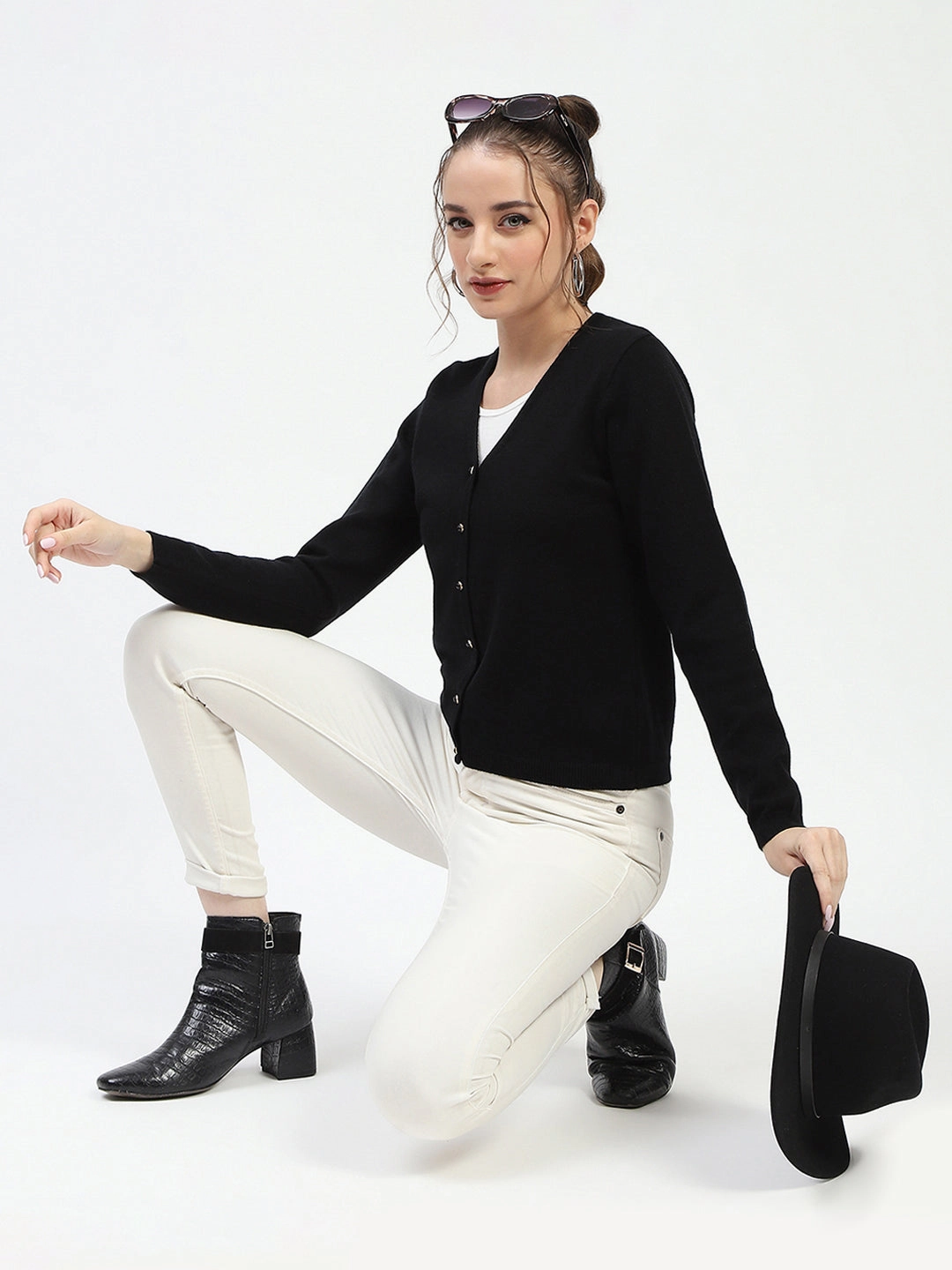 FlexibleNeckline Madame Black Button-Up Cardigan