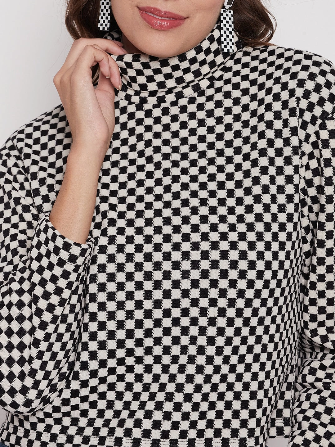 DurableCollarStays Madame Black Chess Print Turtleneck Top