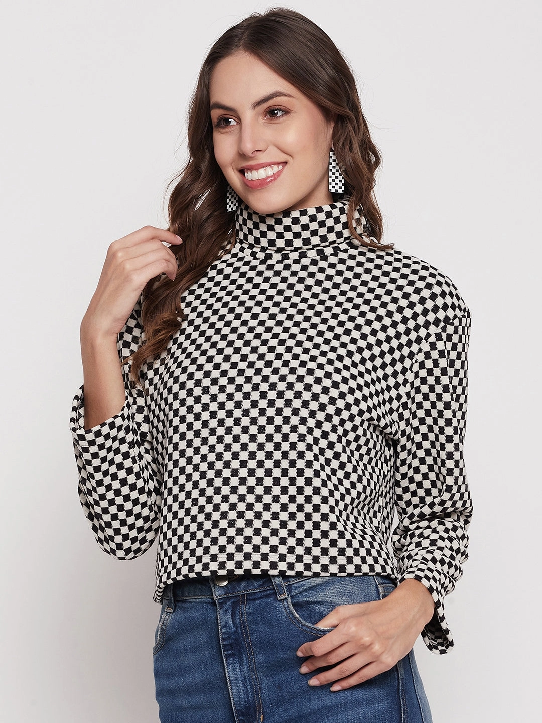 Madame Black Chess Print Turtleneck Top Elasticated Hem