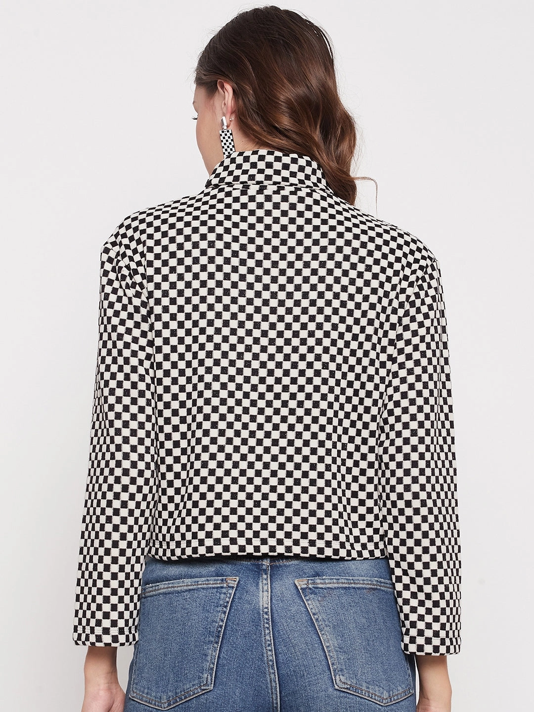 Madame Black Chess Print Turtleneck Top MeshVentilation Garment Washed Finish
