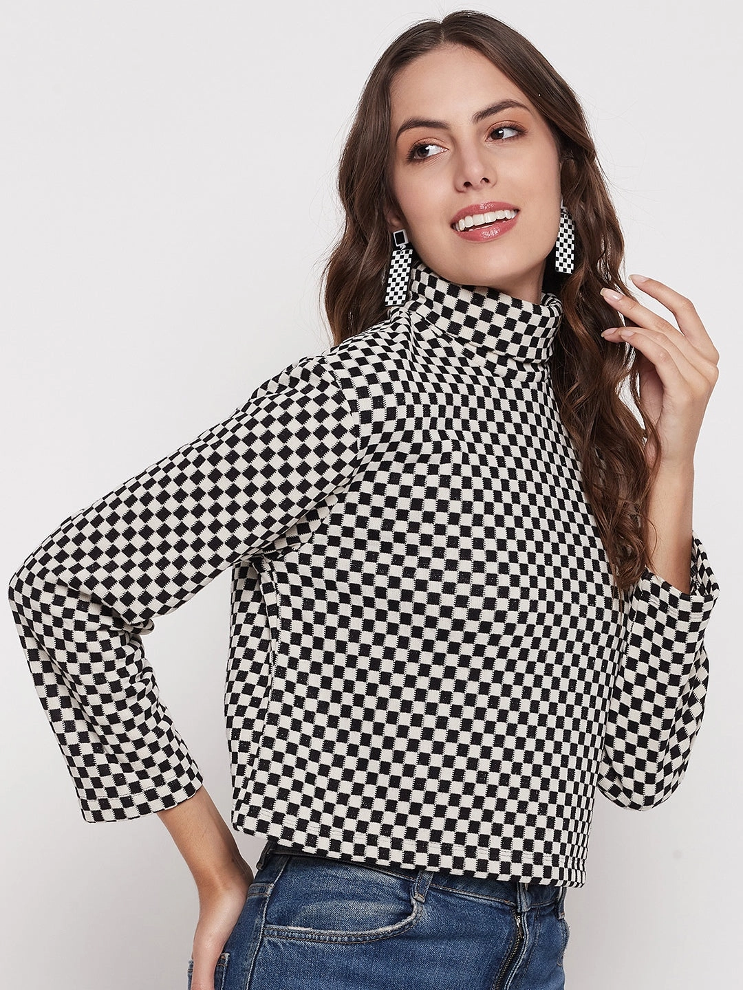 SlimFit AntiStatic Weave Madame Black Chess Print Turtleneck Top