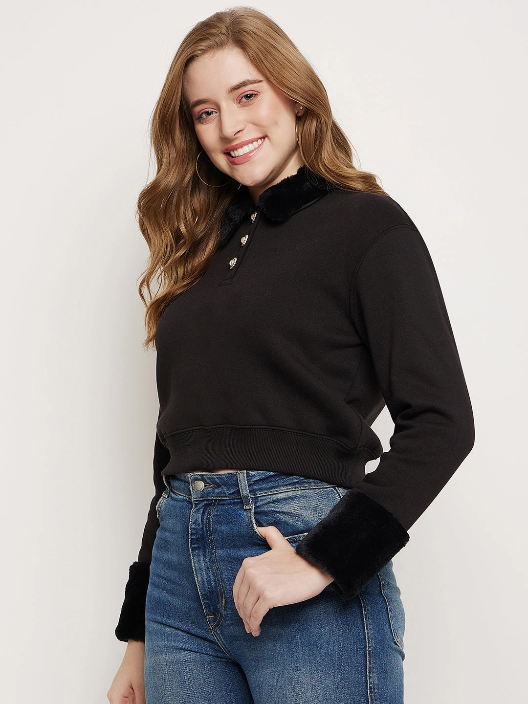 Cozy Fit Madame Black Faux Fur Collared Crop Sweatshirt