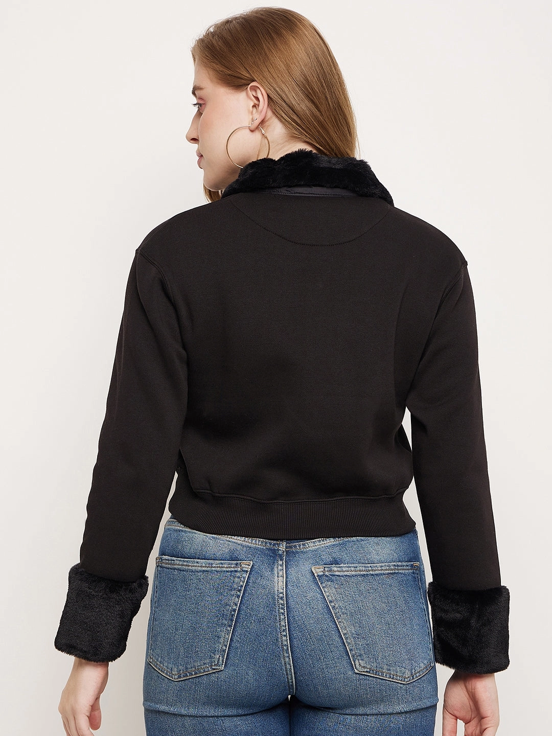 Madame Black Faux Fur Collared Crop Sweatshirt Versatile Layer