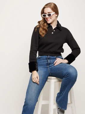 Madame Black Faux Fur Collared Crop Sweatshirt product keychain convenience