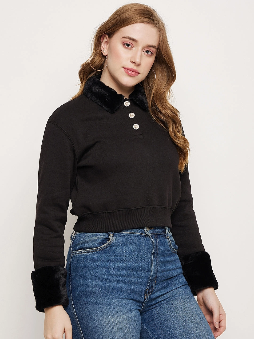 Madame Black Faux Fur Collared Crop Sweatshirt Water Resistant ring accents