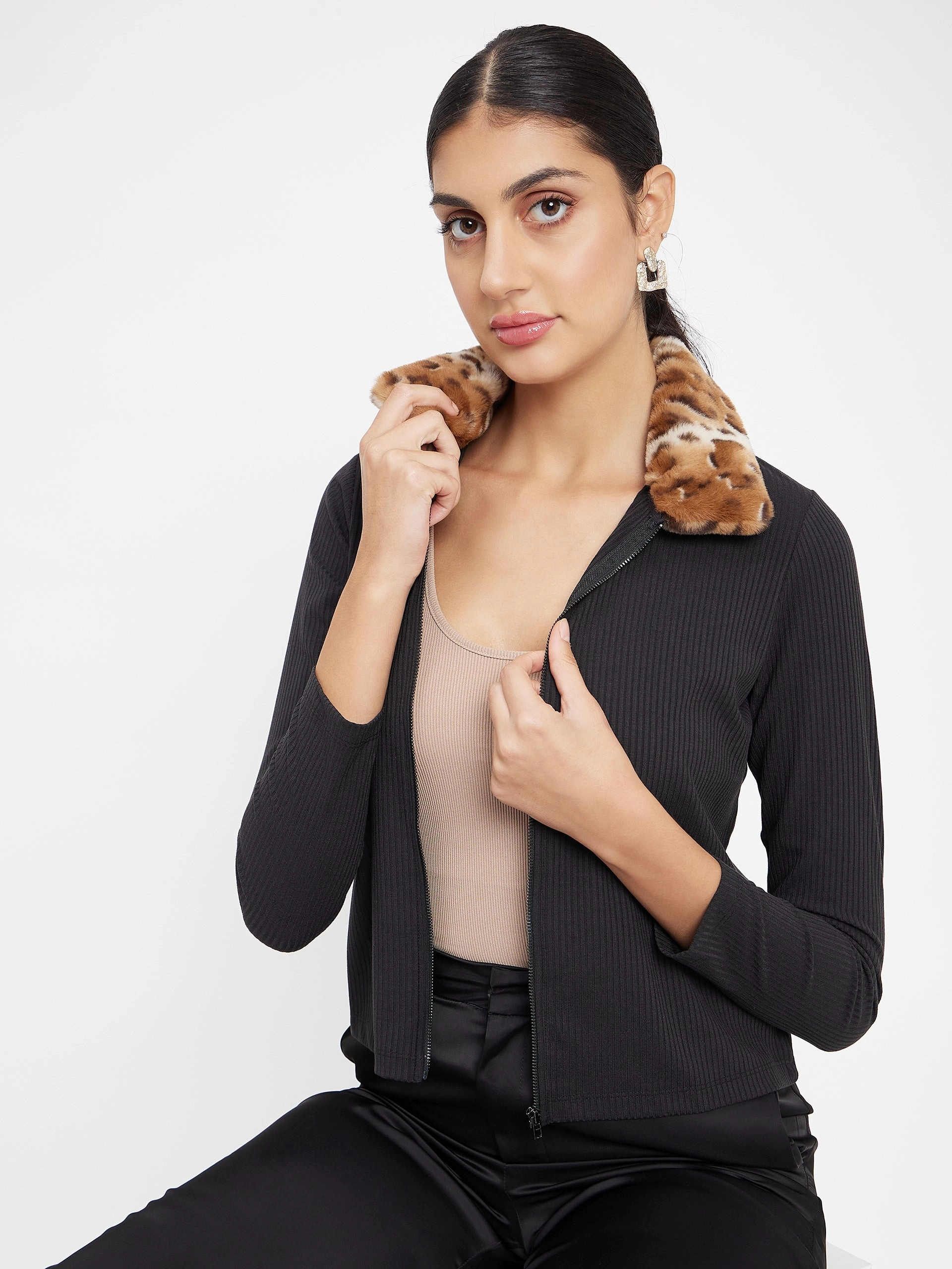 Madame Black Ribbed Polo Neck Top EcoCertified