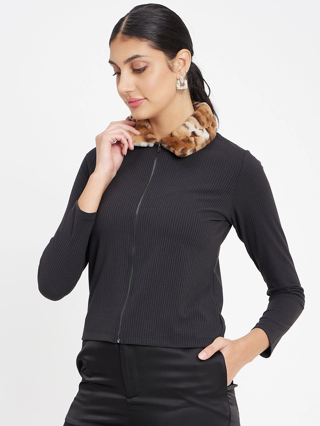 BondedEdges Madame Black Ribbed Polo Neck Top