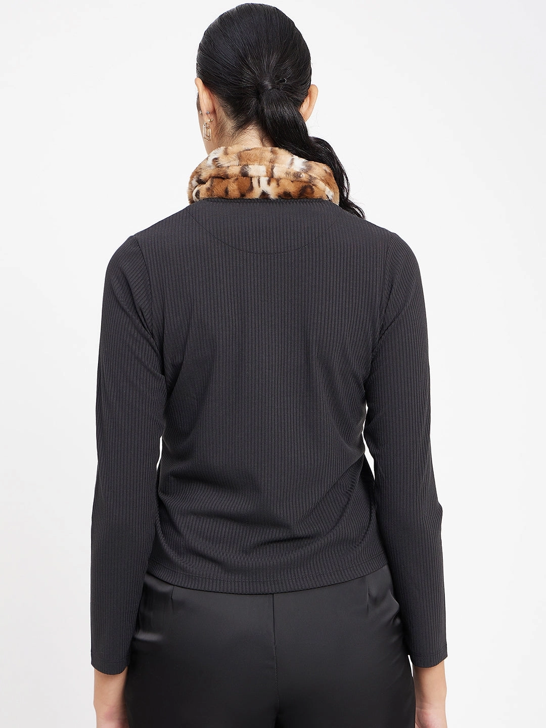 Recycled Material Blend Shape Retention Fabric Madame Black Ribbed Polo Neck Top