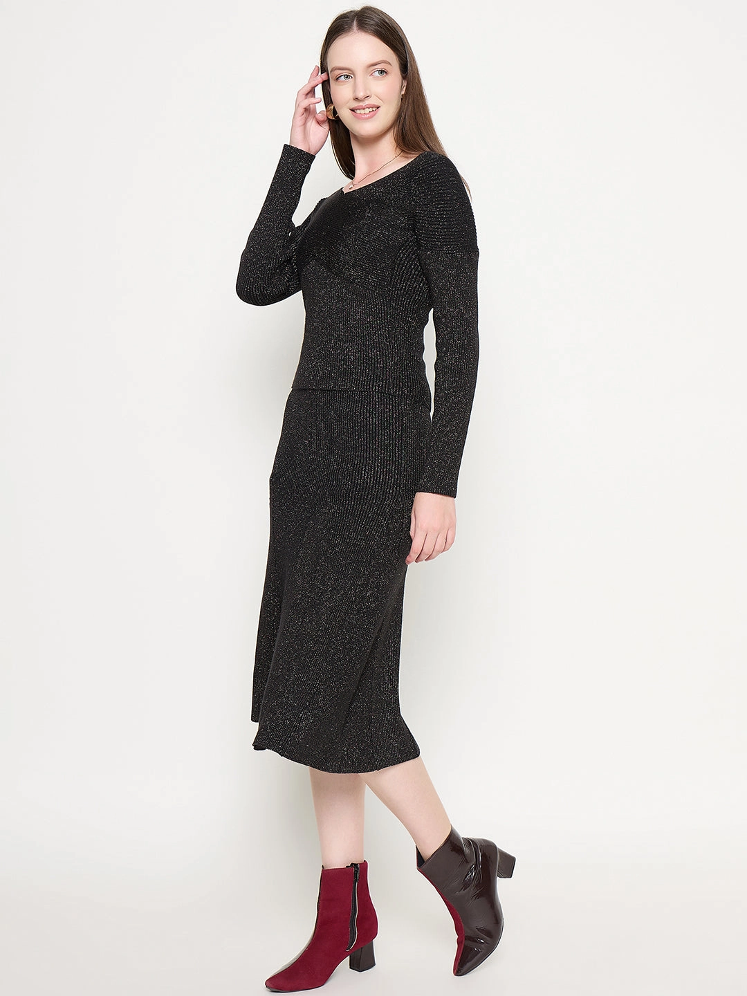 Madame Black Shimmer Detailed Off Shoulder Top and Skirt Ensemble Easy Elegance