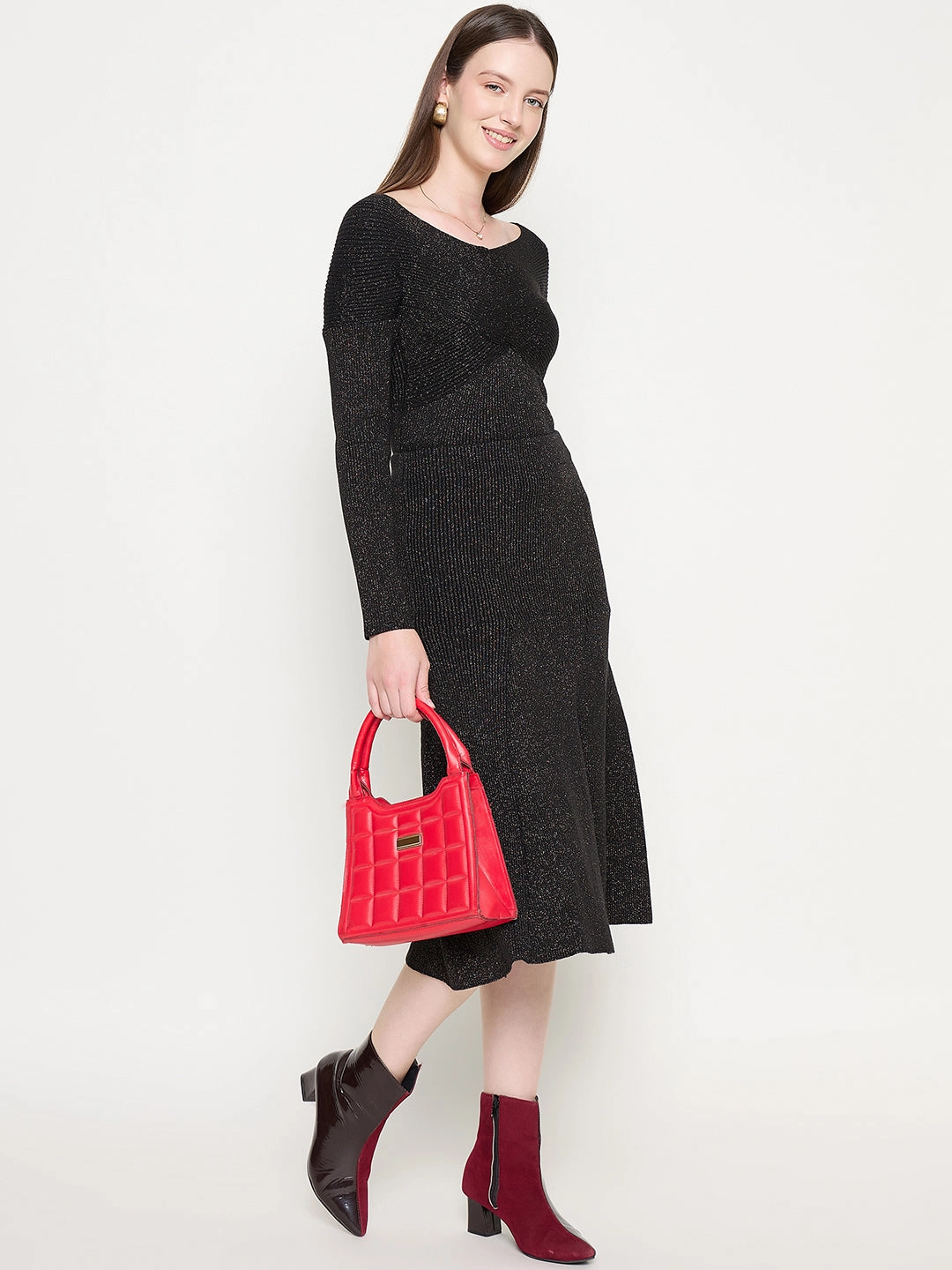 Calm Finish Maternity-Fit Madame Black Shimmer Detailed Off Shoulder Top and Skirt Ensemble