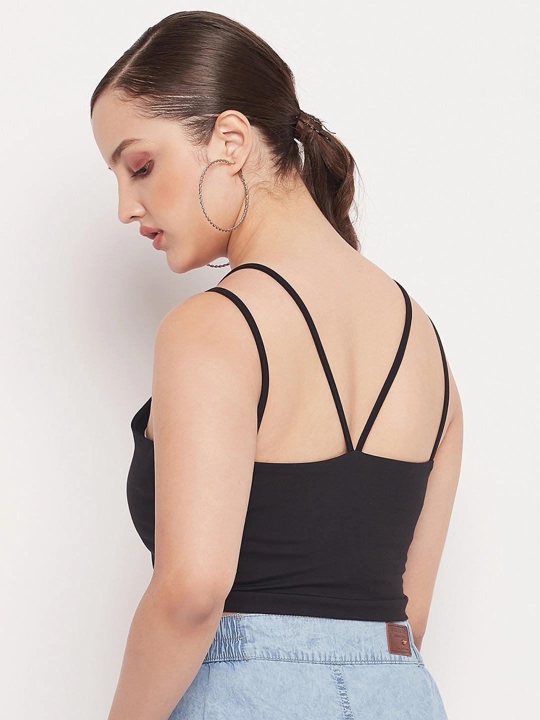 Tagless Comfort Collar Hidden Button Placket Madame Black Solid Cami Crop Top