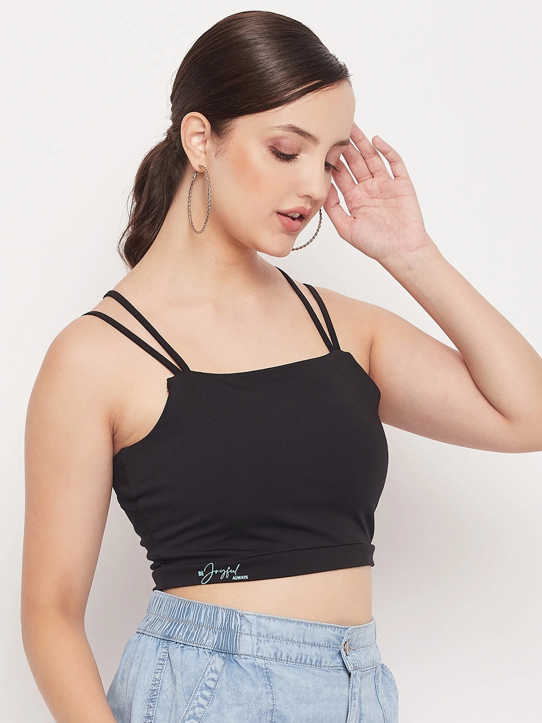 Madame Black Solid Cami Crop Top Friction Resistant Shoulder