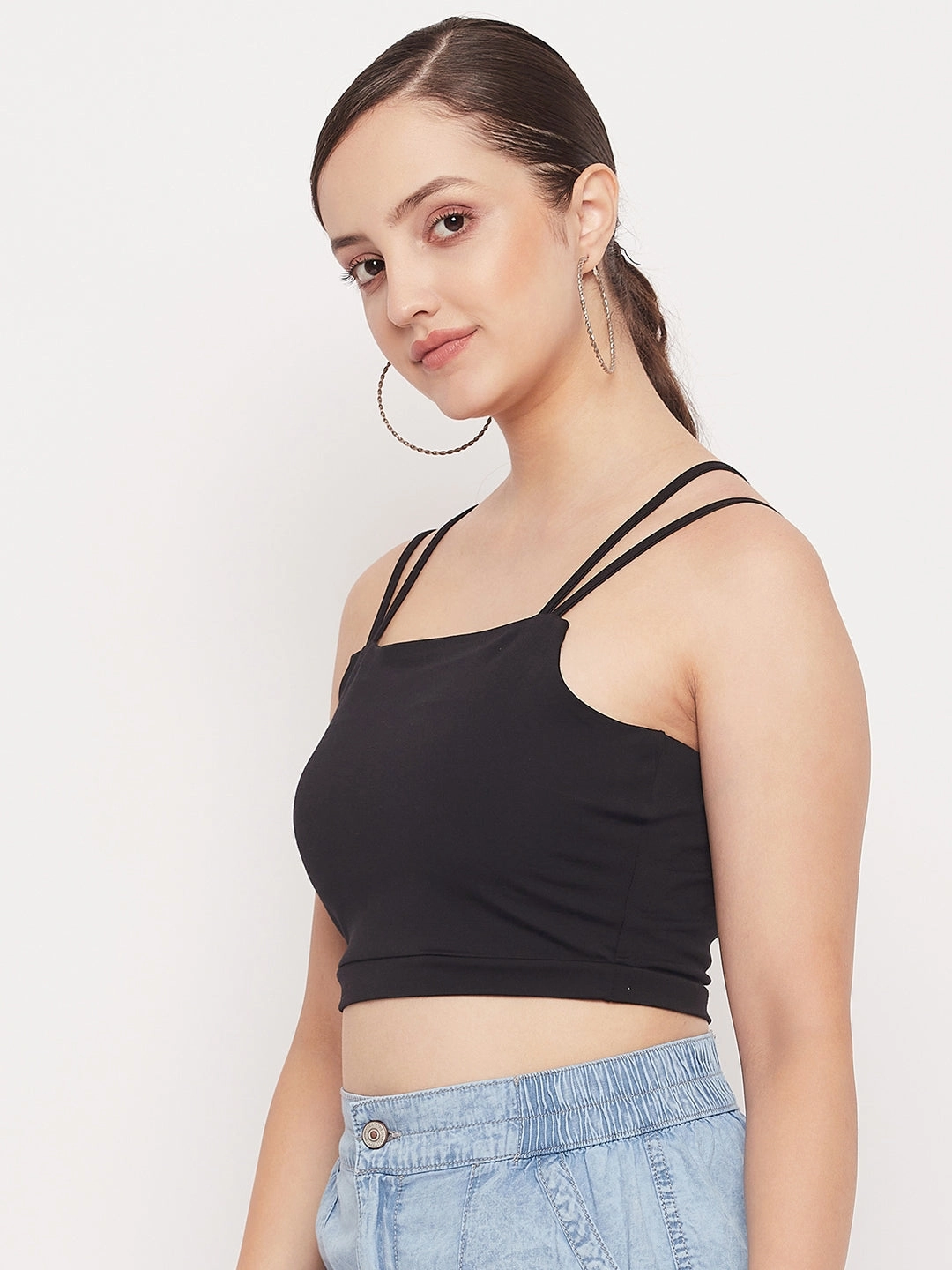 Contrast Topstitching Detail Sustainable Production Methods Madame Black Solid Cami Crop Top
