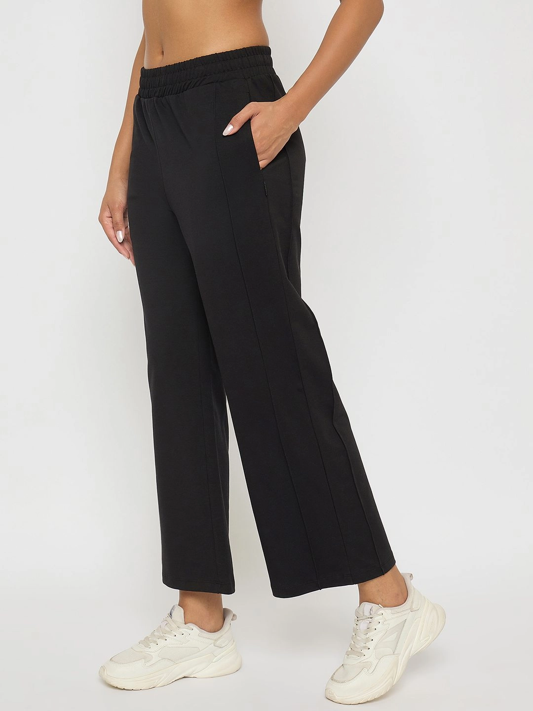 Stay Comfortable Madame Black Straight FIt Cotton Blend Track Bottoms