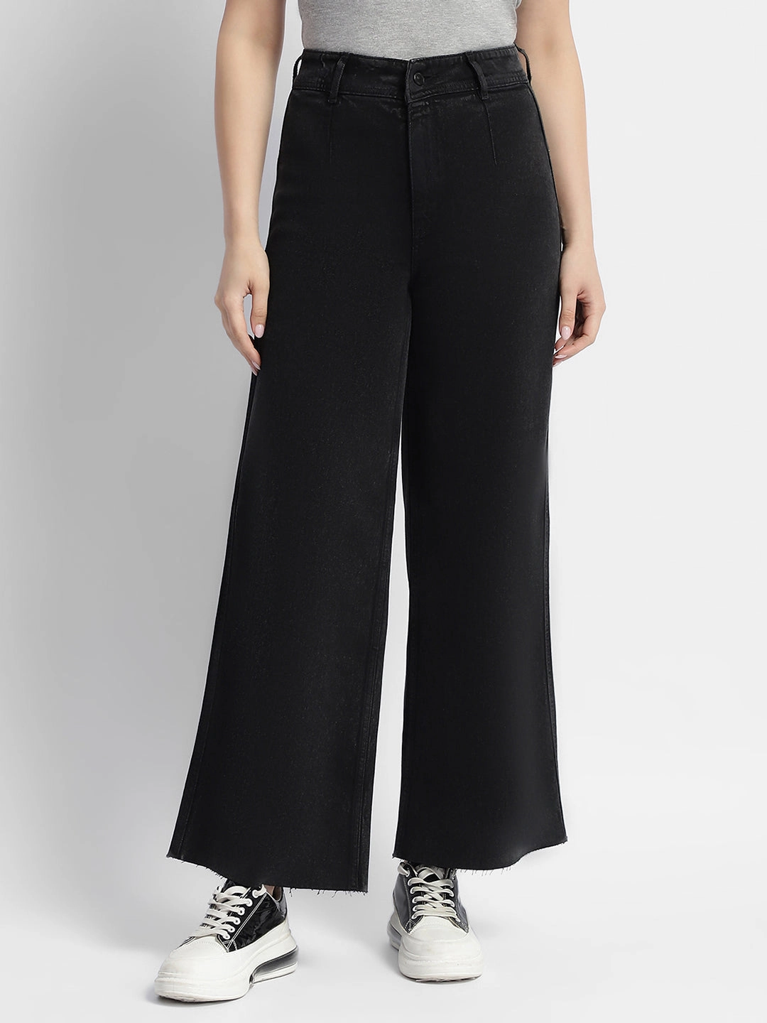 Outdoor Casual Non Irritating Inner Lining Madame Black Wid Leg High Rise Jeans