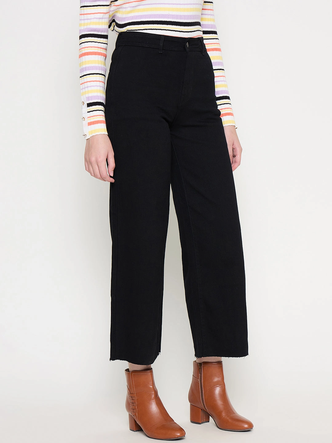 Madame Black Wide Leg Cotton Blend Denim Textured Bold Fashion Forward
