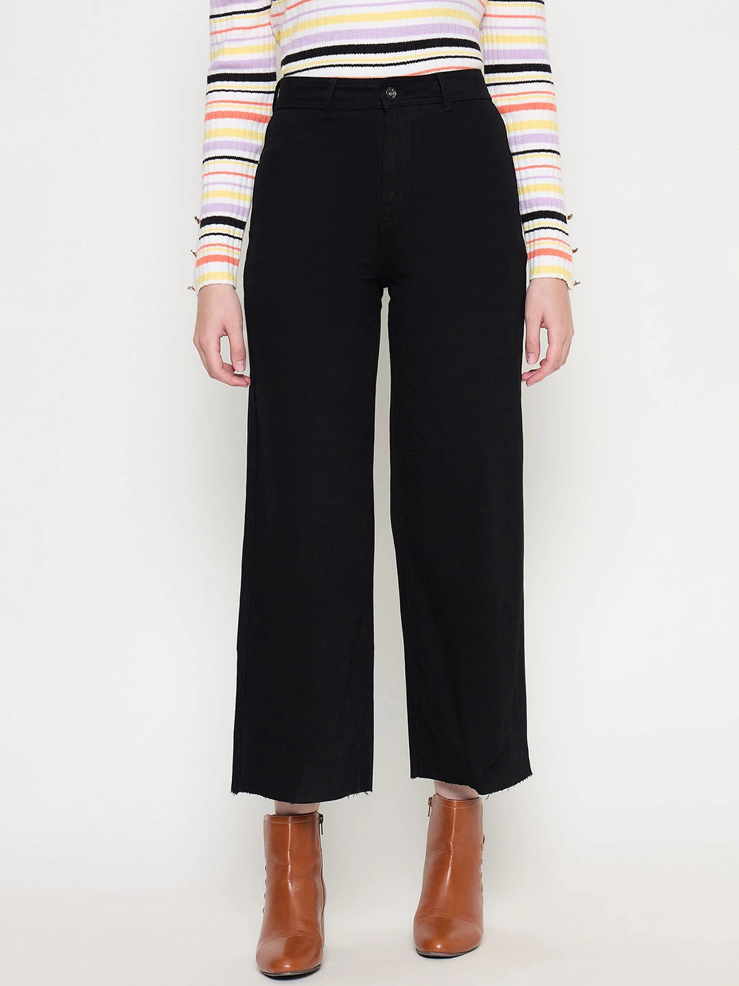 Madame Black Wide Leg Cotton Blend Denim Comfy Design