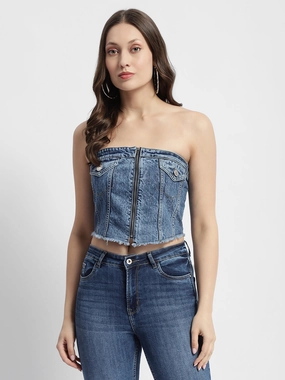Madame Blue Front Zipper Denim Tube Top Warm Hoodie Vintage Shirt