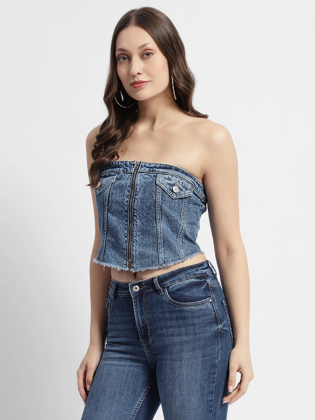 Recycled Polyester Fabric Hidden Zipper Madame Blue Front Zipper Denim Tube Top