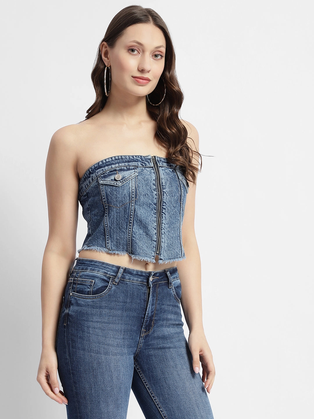 Hidden Zipper Compact Weave Fabric Madame Blue Front Zipper Denim Tube Top