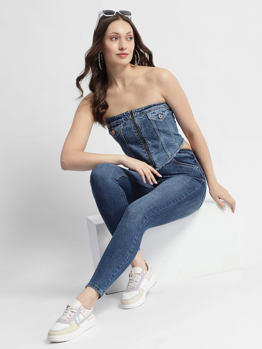 Quick Access Pockets Relaxed Tank Madame Blue Front Zipper Denim Tube Top