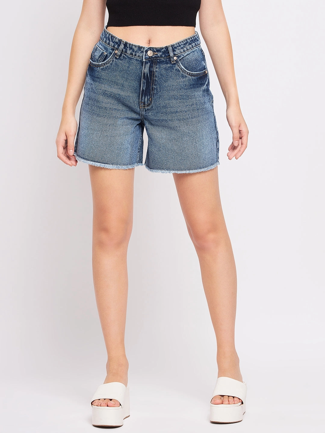 Madame Blue Mid Rise Denim Shorts Vibrant color