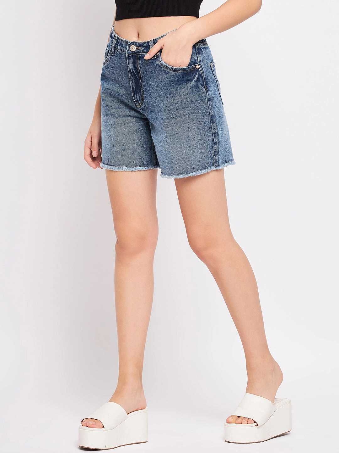 Minimal Vibes Madame Blue Mid Rise Denim Shorts