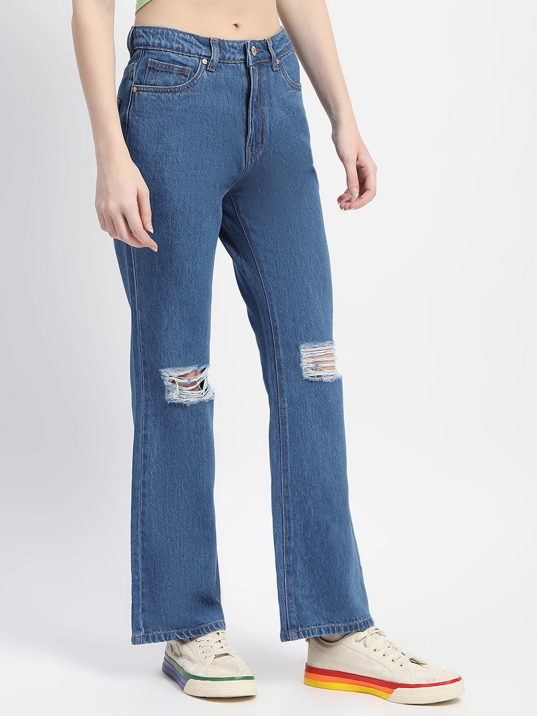 Weekend Warrior Luxury Athlete Fit Relaxed Style Lightweight Durable Madame Blue Ripped Flared Denim