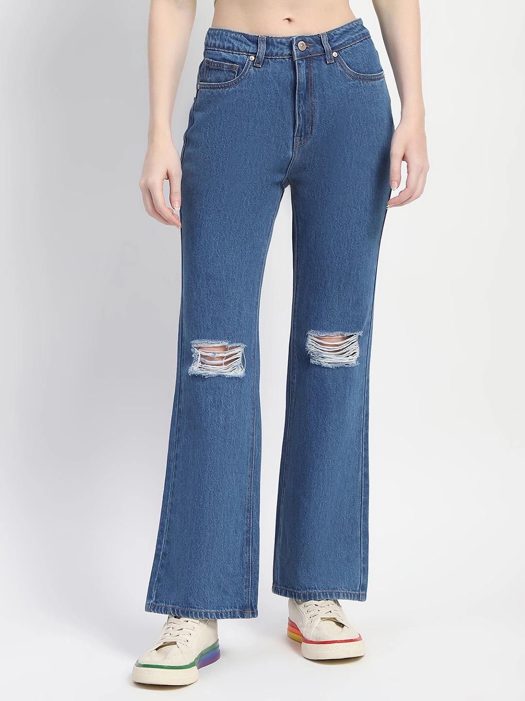 Minimalist Trendy Everyday Madame Blue Ripped Flared Denim