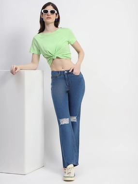 Wardrobe Staple Easy Routine Madame Blue Ripped Flared Denim