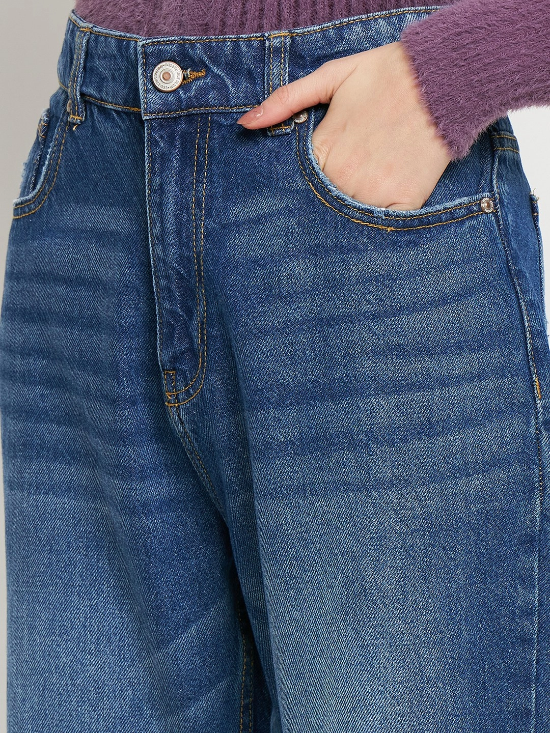 Madame Blue Straight Fit Distressed Jeans Street Casual Unisex Look