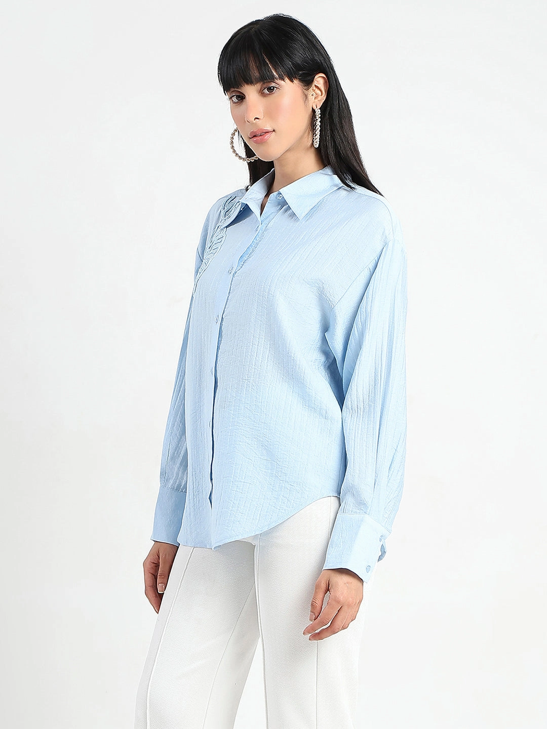 Slim Silhouette Soft Comfort Madame Botanical Embroidery Blue Rayon Blend Shirt