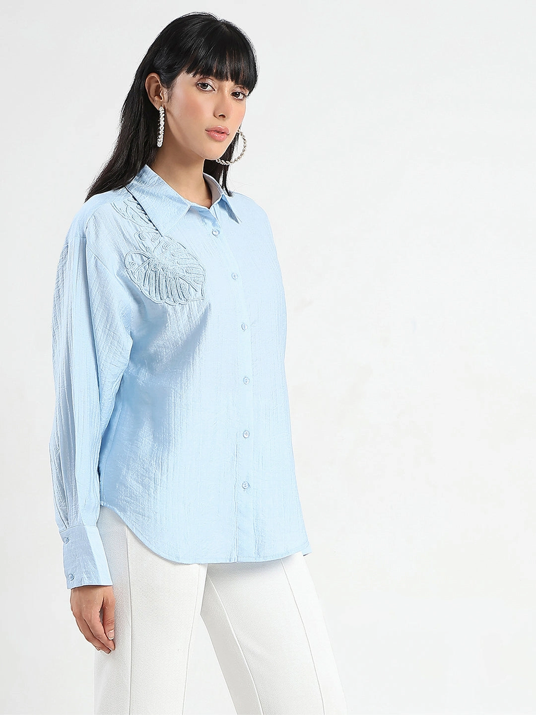 Non Irritating Seams Madame Botanical Embroidery Blue Rayon Blend Shirt