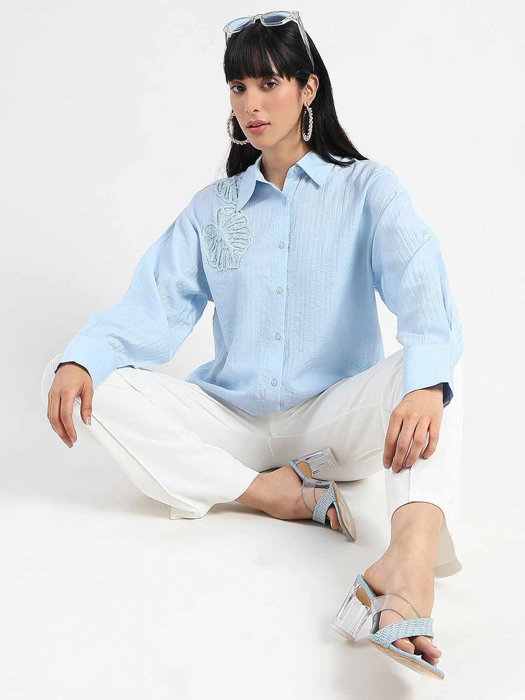 Anniversary Special Casual Day Madame Botanical Embroidery Blue Rayon Blend Shirt