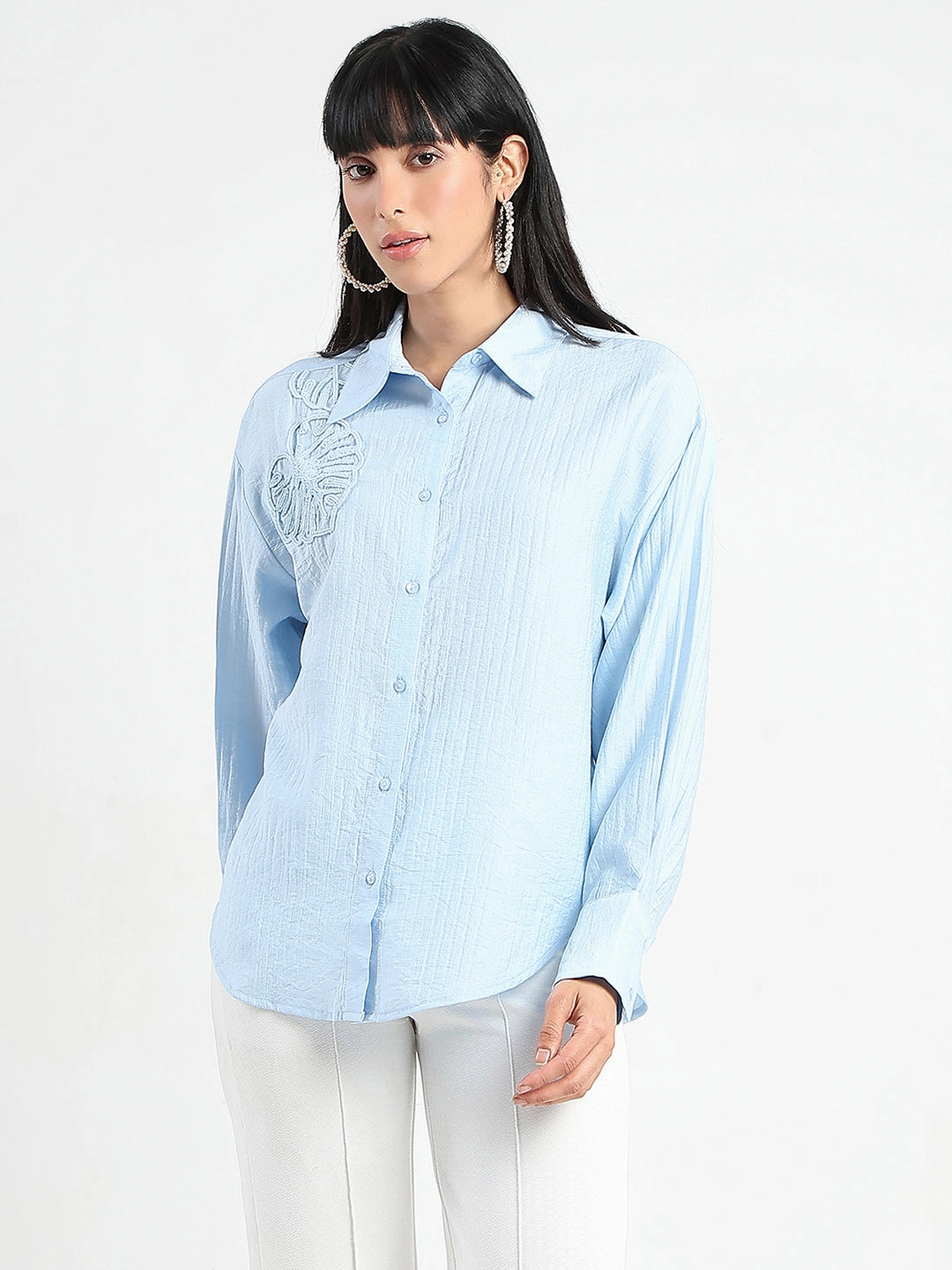 Madame Botanical Embroidery Blue Rayon Blend Shirt Mature Elegance