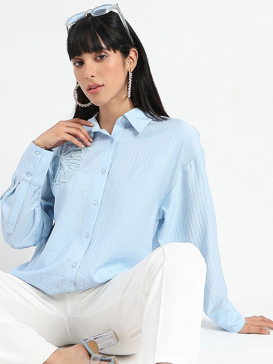 Madame Botanical Embroidery Blue Rayon Blend Shirt Effortless Comfort