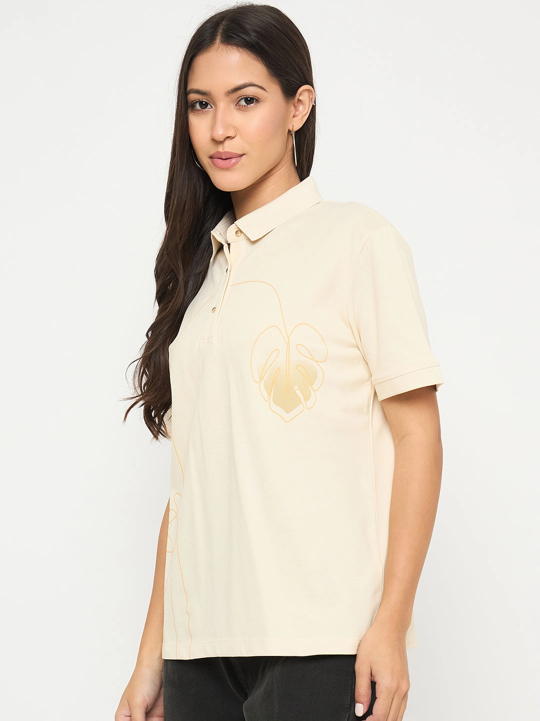 Madame Botanical Print Beige Cotton Blend Polo T-shirt mix and match Anti microbial coating