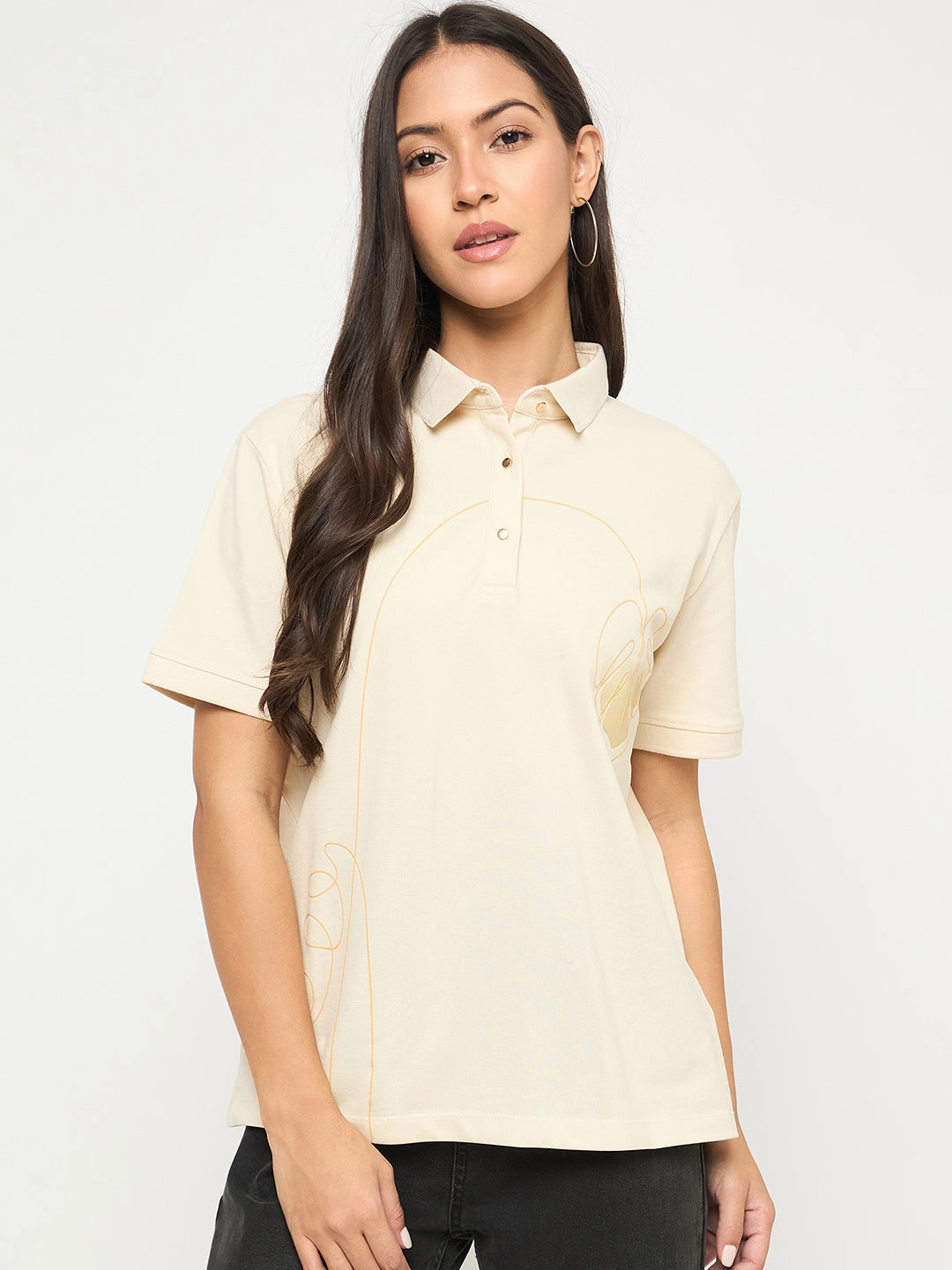 Practical Comfort Madame Botanical Print Beige Cotton Blend Polo T-shirt