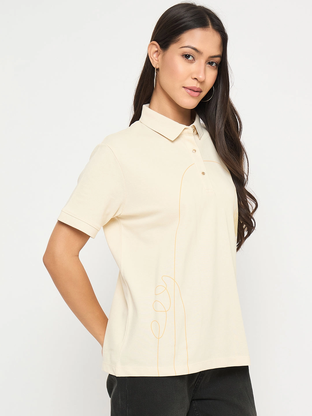 Madame Botanical Print Beige Cotton Blend Polo T-shirt AntiPilling Treatment
