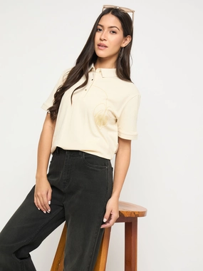 ZeroDistressFinish Madame Botanical Print Beige Cotton Blend Polo T-shirt