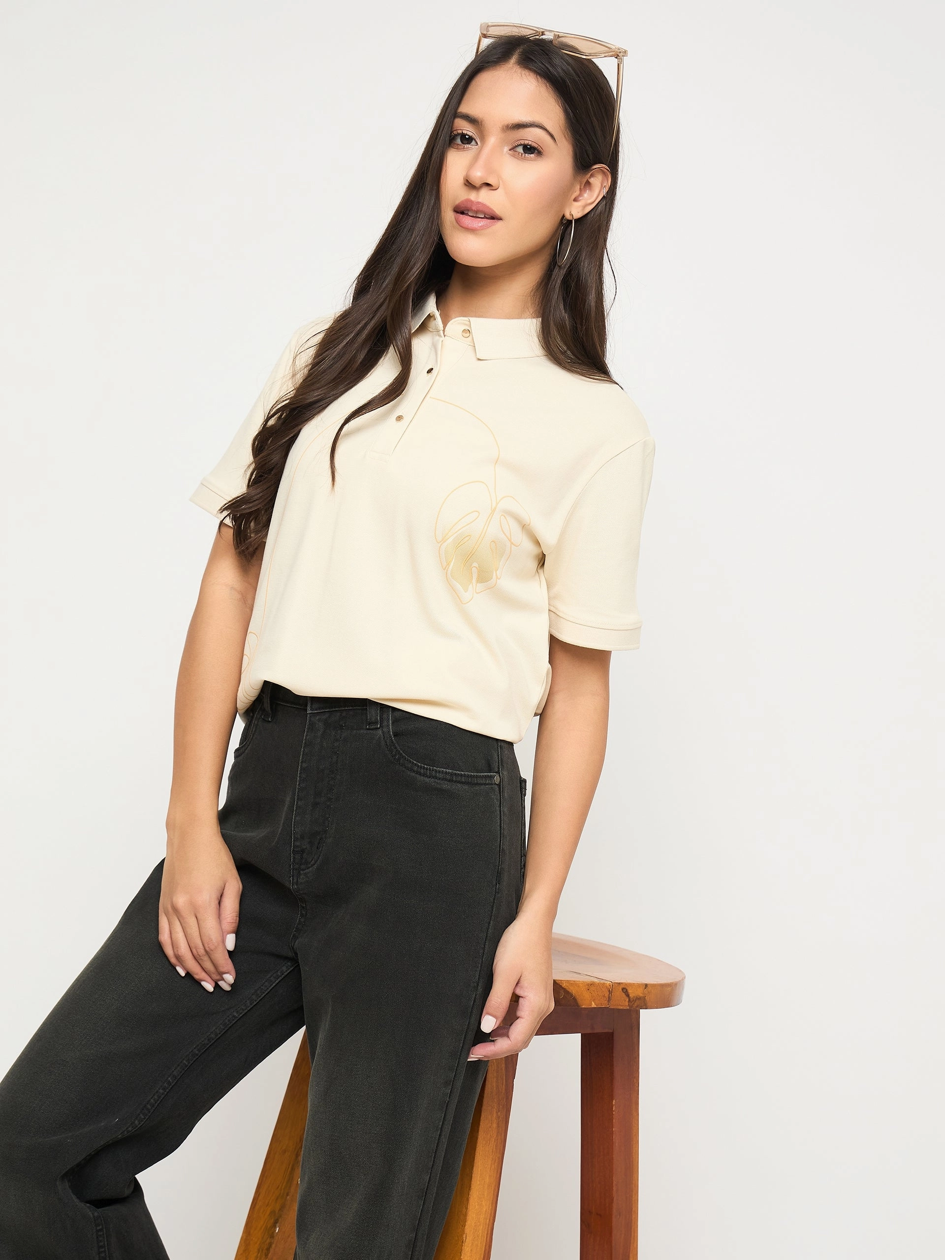 ZeroDistressFinish Madame Botanical Print Beige Cotton Blend Polo T-shirt