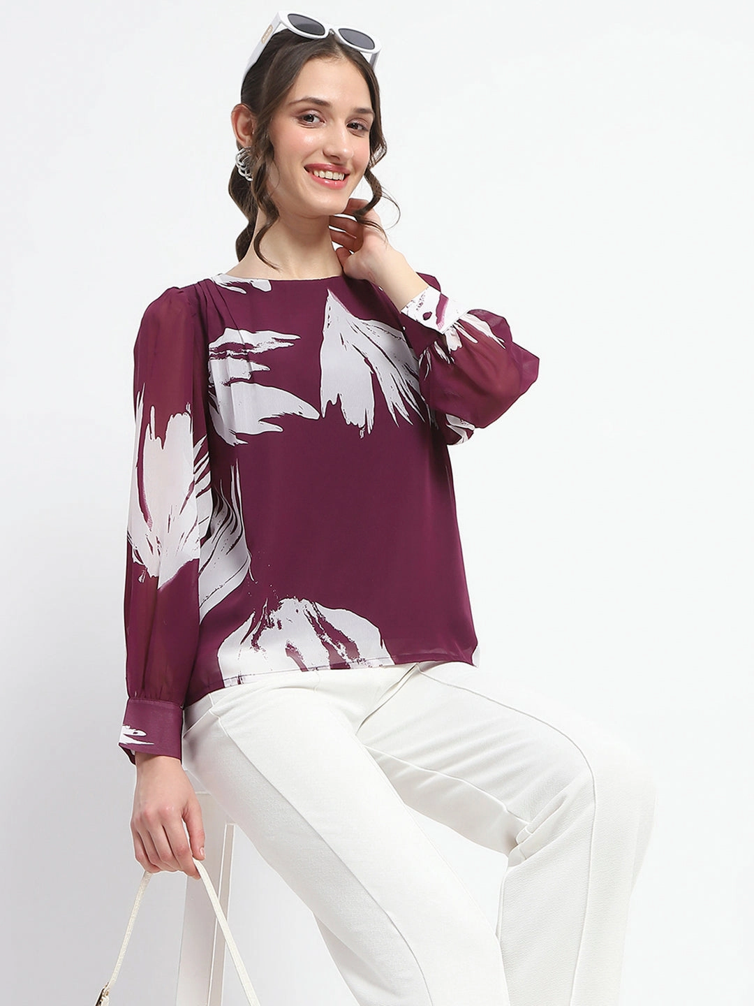 Madame Botanical Print Round Neck Plum Top Wrinkle Resistant