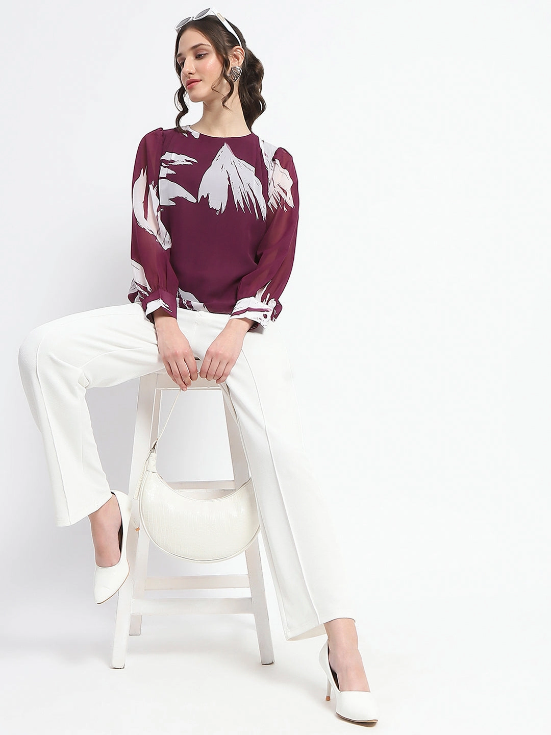Four Way Stretch Fabric Madame Botanical Print Round Neck Plum Top