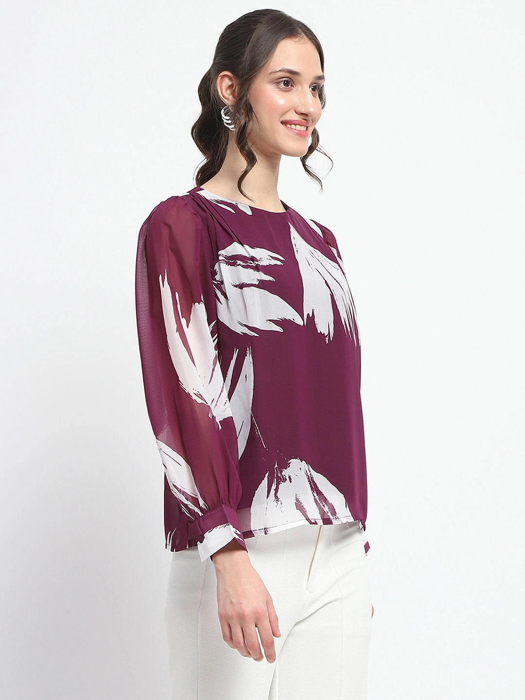 EasyClean Contemporary Cut Madame Botanical Print Round Neck Plum Top