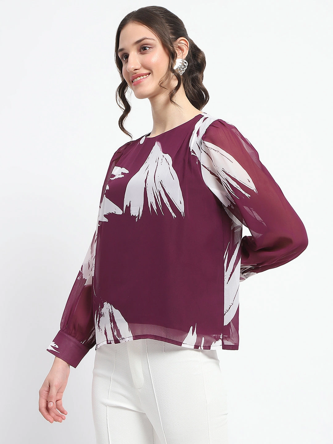 Metallic Fiber Blend Soft Inner Lining Madame Botanical Print Round Neck Plum Top
