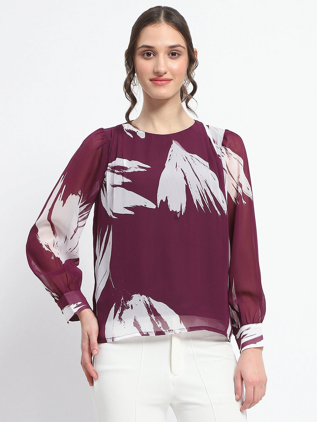 Madame Botanical Print Round Neck Plum Top Casual Long Sleeve