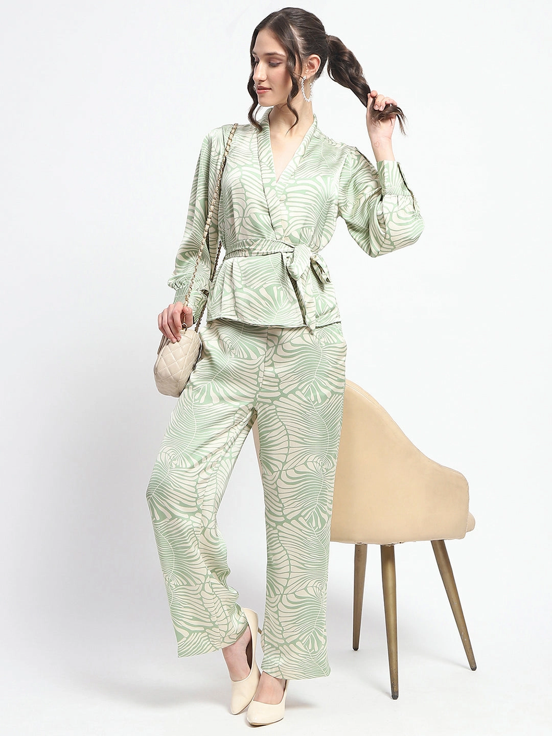 Madame Botanical Print Wrap Top and Bottom Beige Ensemble Smart Look